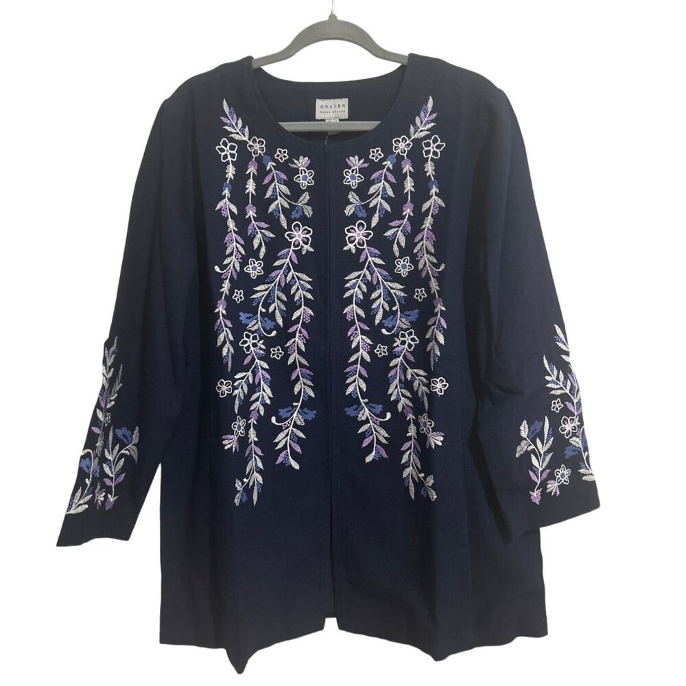 Susan Graver Navy Blue Floral Embroidered Hook & Eye Closure Layering Top XL